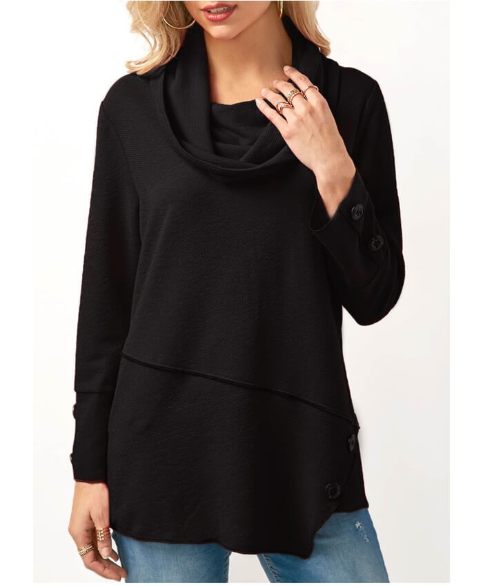 Asymmetric Hem Cowl Neck Long Sleeve Black Blouse
